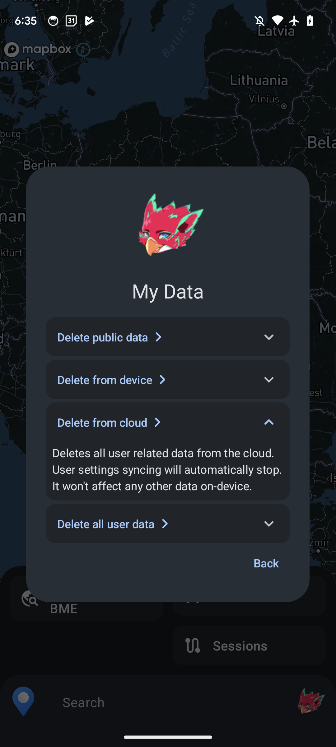 Data settings screen with expanded option