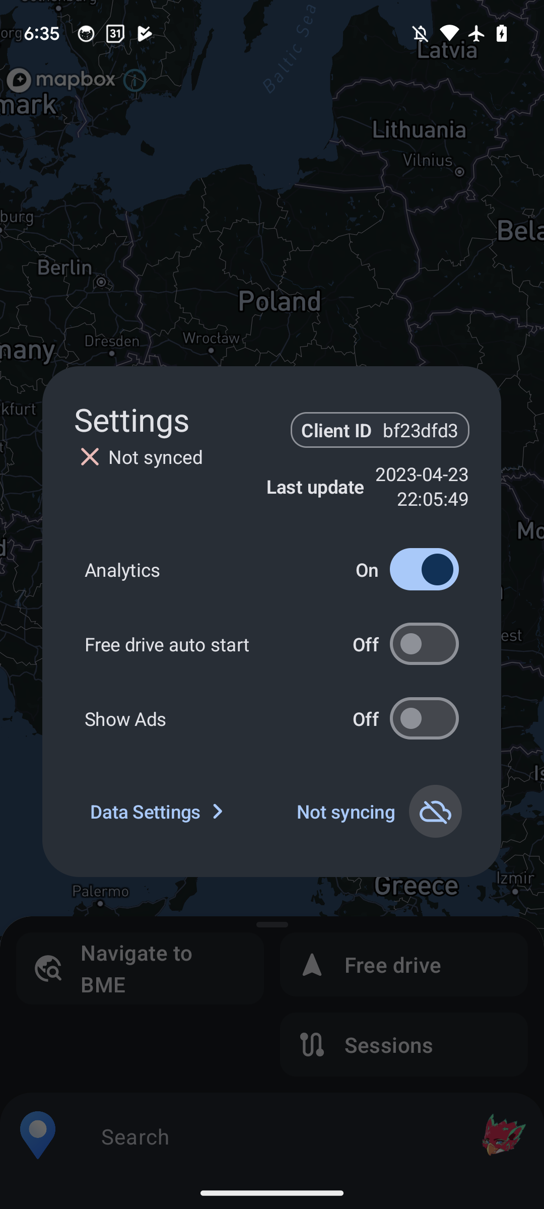 Settings screen after data deletion